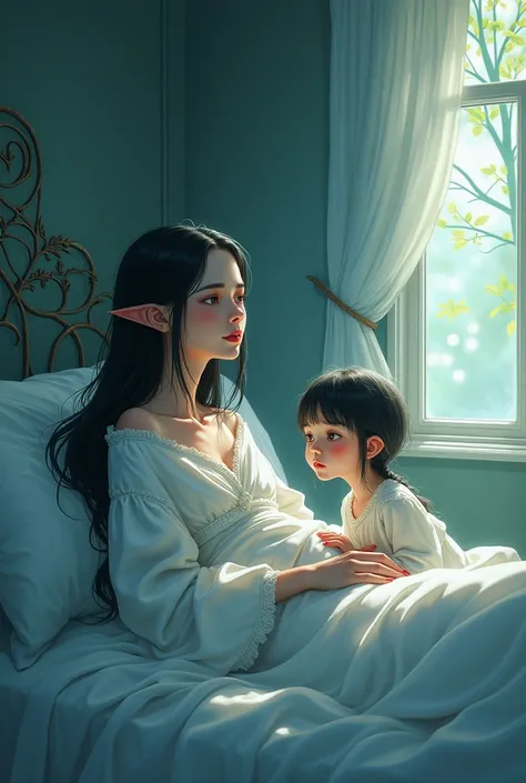 A deceased elf mother who is in a bed and next to her is her elf daughter who looks like a 1 girl crying and they both have black hair, brown eyes and white skin that the image has anime style (Let your clothing have a magical touch of trees, etc)