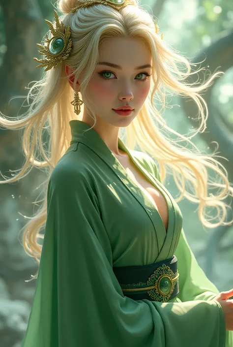 (Super exquisite), (Extremely fine and beautiful), (Dynamic Angle), White and black highlights, (Legendary Dragon Queen:1.3)（1 girl）, Hanfu, (Intricate details) (Beautiful and delicate eyes), blonde, Green pupils，Green clothes, Delicate face, Upper Body, M...