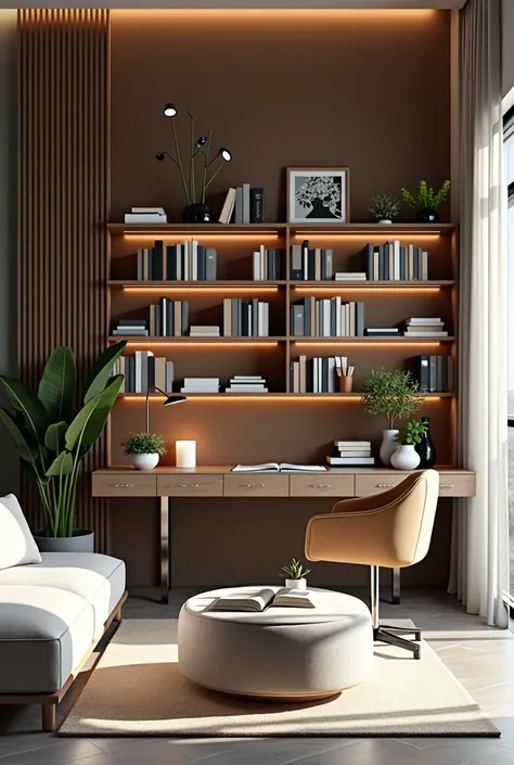 Picture of a modern living room with a desk, a library and a corner with modern lighting 