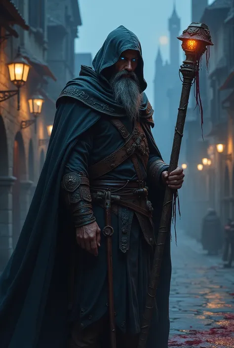 A man in his late 40s, with graying black hair and a neatly trimmed beard that frames his chiseled, scar-ridden face. His piercing blue eyes, reflective of a life filled with both wisdom and turmoil, peer out from beneath the shadow of his hooded cloak. Th...