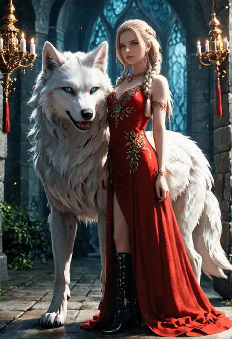 fantasy art, rpg art, ultra wide shot, raw, photorealistic, a picture of woman and her (white: 1.4) wolf pet, the woman,  an exq...