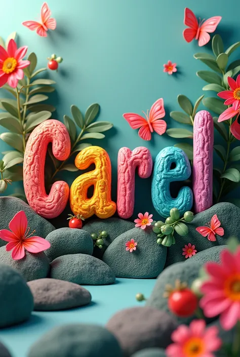 Carel written in 3D with colorful letters with a butterfly background 