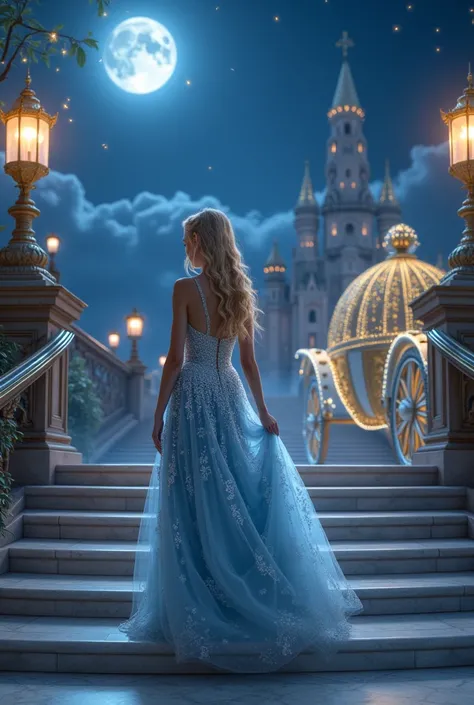 
A **young princess with golden blonde hair** cascading down her back, dressed in a **sparkling silver-blue ball gown** adorned with delicate **crystals and shimmering embroidery**, standing at the base of a **grand marble staircase**. The night sky is ill...