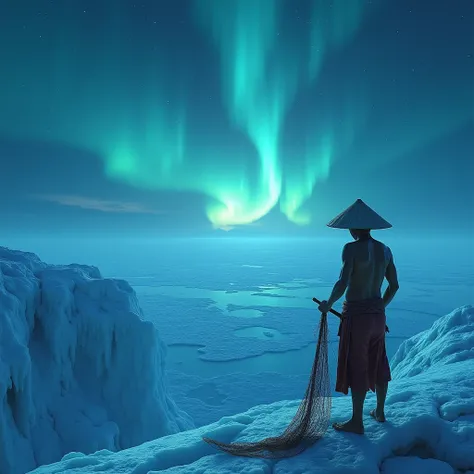 Panoramic view of edge of the world at icy land, beautiful ice glacier patterns, 1 old Malay shirtless fishermen wearing conned pointed straw hat and kain pelikat with fish net at his hand, looking at the edge of the world, blue icy sky, heavy smog, beauti...