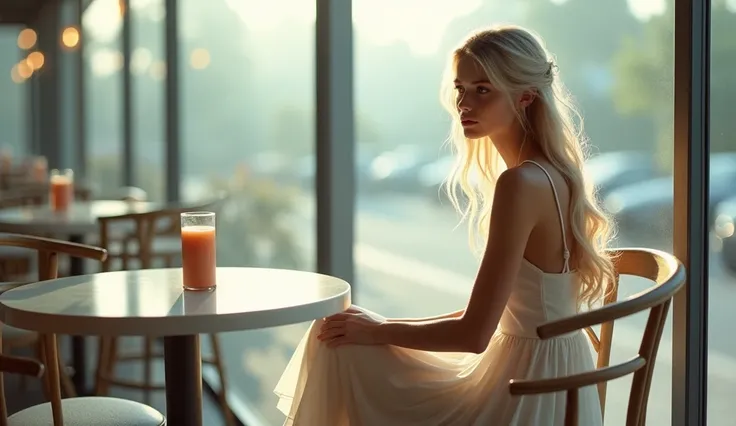 blonde and beautiful girl with beautiful dress seating alone in modern caffe looking outside from Glasss window, 