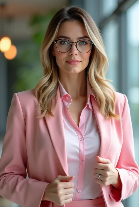 Confident and professional business woman with hands on wearing less animation eyes BLUE-Green ,Glasses , Mid thin dark, blonde hair,Pink jacket ,Light pink shirt ,Nails French style,  Full breast