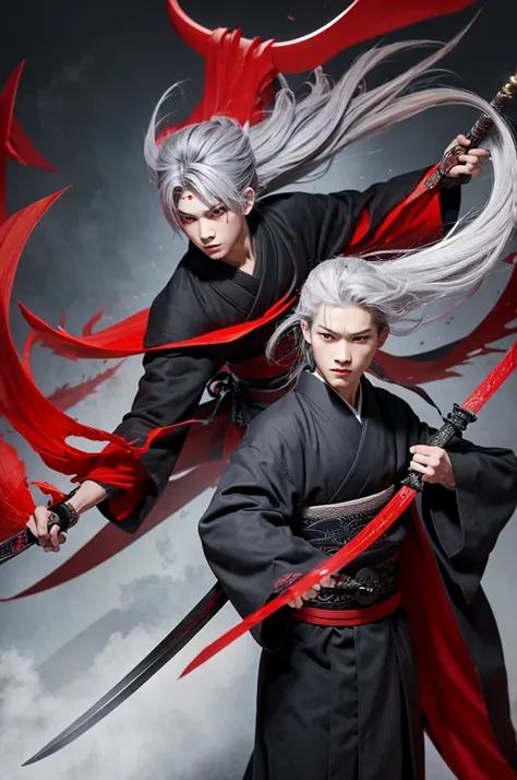 Gray Hair，Late teens，male，Red eyes，Slender，Black kimono，Demon Sword，Heian period，Dynamic composition，strongest，Unrivaled