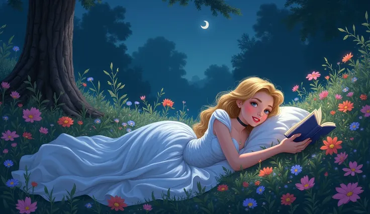 Create a Disney princess named Cinderella reading a book in the garden while lying down in a flower field at night.