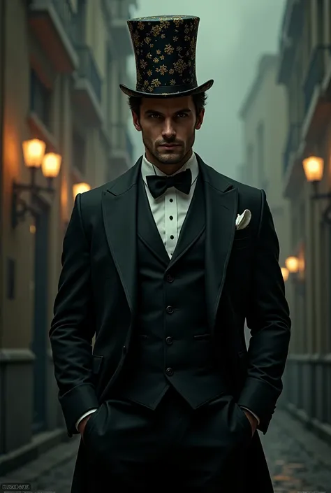 homme, vampire the mascarade, foux, charismatique, entrepreneur dun asile, cheveux brun, bien habiller, coiffé dun chapeau de fête, veste de smoking, psychopathe, année 2000,