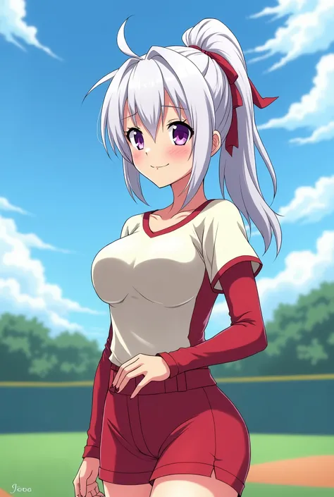 HD、Animation style、white hair 、Purple Eyes、girl、plump breasts 、High school student 、single ponytail、Baseball player、Light color short sleeve top、Long sleeve red underwear、Good shape、Thin、sash、Sky、cloud、sunny、Baseball field
