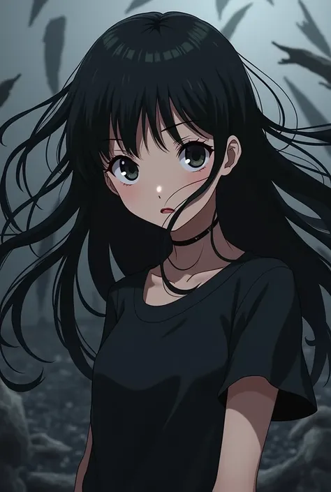 A female anime, black hair and bangs flying in the wind, eyes black, pink mouth, would be Fringe, Bblack hair, black and gray brittle background, breastsout, hands, eyes black brilhantes 