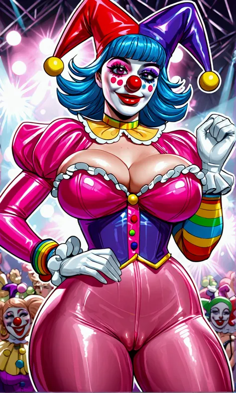 A clown (gorgeous woman, sheer skin tight colorful tights, jiggly breasts, big butt, clown nose, clown makeup, jester hat) jiggles and bounces around acting crazy, squeezing her breasts to express her milk and flashing her vagina at the audience, horny bur...