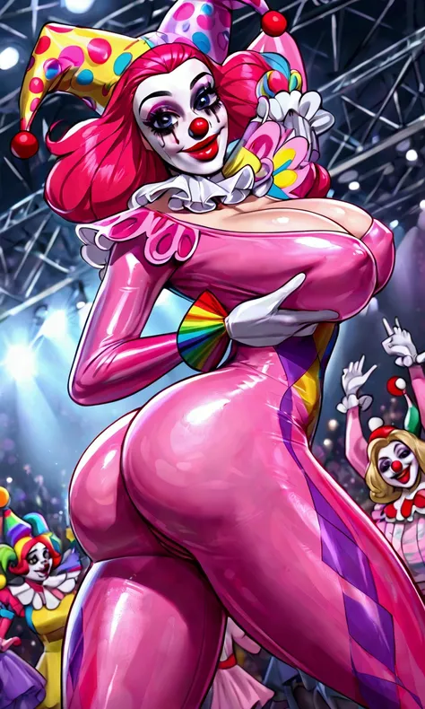 A clown (gorgeous woman, sheer skin tight colorful tights, jiggly breasts, big butt, clown nose, clown makeup, jester hat) jiggles and bounces around acting crazy, squeezing her breasts to express her milk and flashing her vagina at the audience, horny bur...