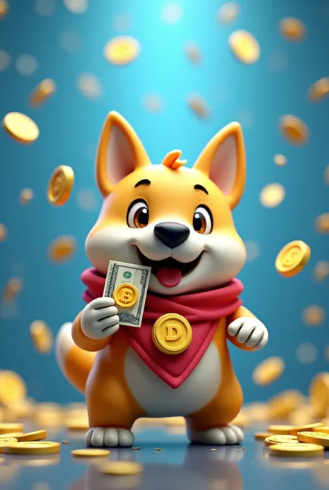 A Baby Doge happy with tesla icon in red handkerchief in neck, a dog with hands getting 1 dollar but the icon in money is dogecoin icon. Blue background with many rainy coins of dogecoin. Make it 3d