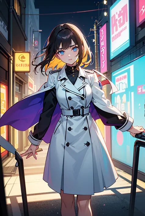 The neon lights of the city project a kaleidoscope of colors onto the porcelain features of the Astra, when she stands in silent guard, her sharp eyes scan the bustling streets for any sign of the supernatural. A light breeze ruffles her dark hair., and sh...