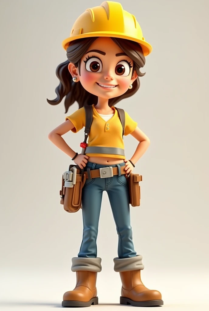 Create a 3D style drawing, with animated illustration appearance, of a dress like a master builder, must be portrayed full-length from the front, standing out with a yellow safety helmet, a reflective vest, work pants and safety boots. She must be holding ...