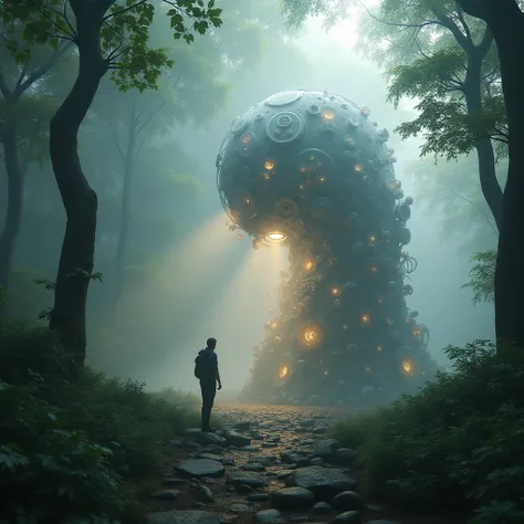 Realistic depiction，Capture an interactive art installation in a misty forest，In the style of Akosh Mayur and Harold Edgerton，realist detail，Vivid and clear