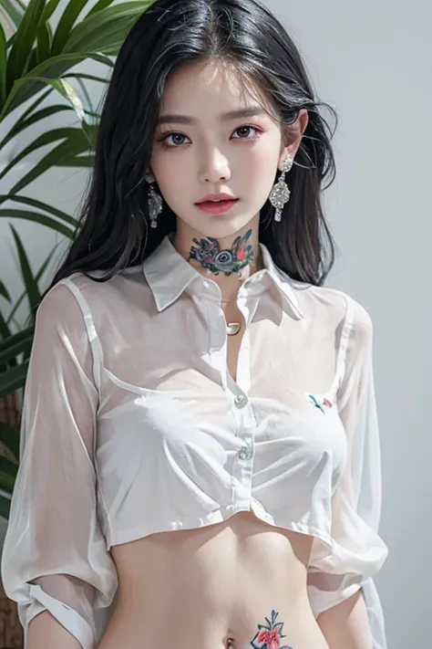 Top quality, RAW Photo, Highest Quality Image, 16K, Full body, Age 22, Realistic, Photorealistic,  Beautiful Asian woman, Sexy, body, White pale skin, ((( Beautiful Girl with graphics Tattoo on tummy))),  detailed tattoo, ((( Multicolor Hair ))), Wavy hair...