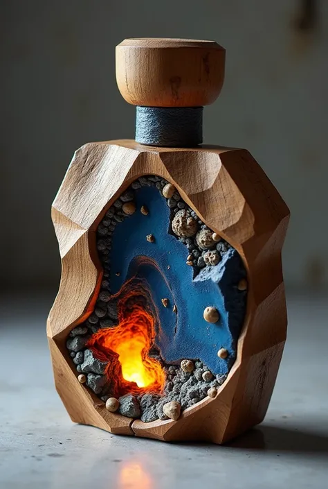 An innovative perfume bottle design, inspired by wood, rocks, fire, lapis lazuli and white cocoa