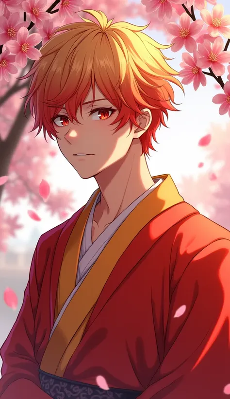 male。Short Hair。solo, High resolution, Blonde Red Mesh。Kimono red orange。Background cherry blossom petals。anime。anime。