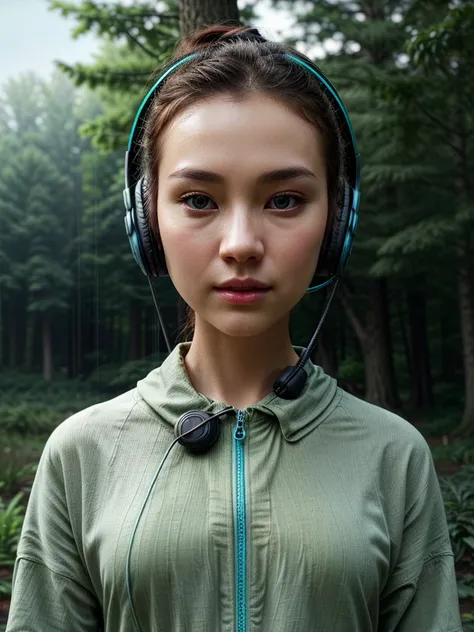 Create a unique and distinctive profile picture that combines a headset with nature. Visualize a modern, stylized headset positioned in the center of the image. Around the phone, incorporate natural elements, like green leaves, raindrops or a serene forest...