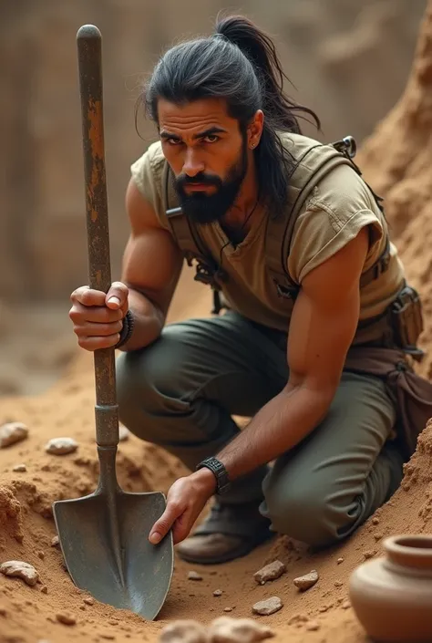 (photorealism:1.2), A young male archaeologist, with a beard and long hair tied in a ponytail, holding a shovel