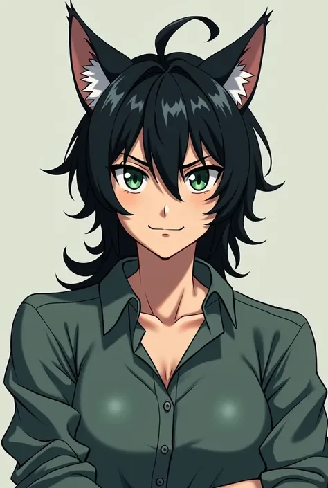 Anime, catboy, dark shoulder length hair, dark green eyes, dominant, wearing a dress shirt with sleeves rolled up, smirking, middle aged, stern look, masculine 