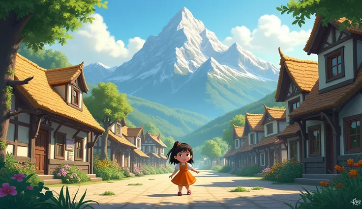 - **Image:** A picturesque village surrounded by majestic mountains, with a young girl named Lily playing or standing in the village.