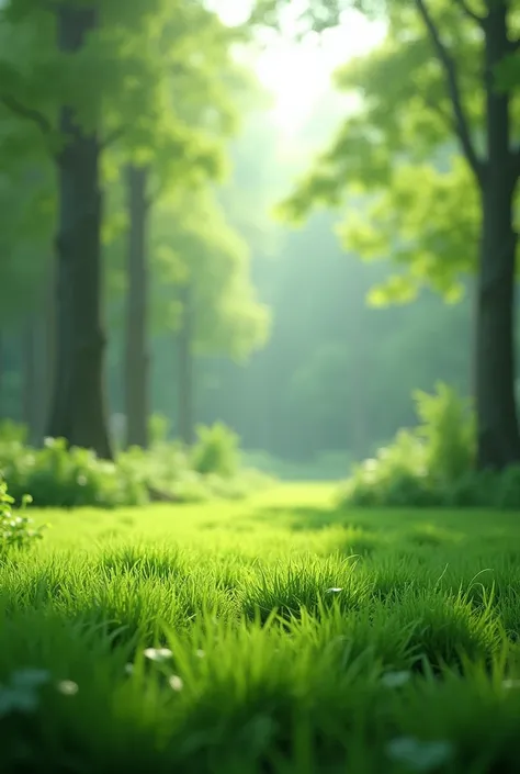 There is grass in the foreground, and in the background there are green trees