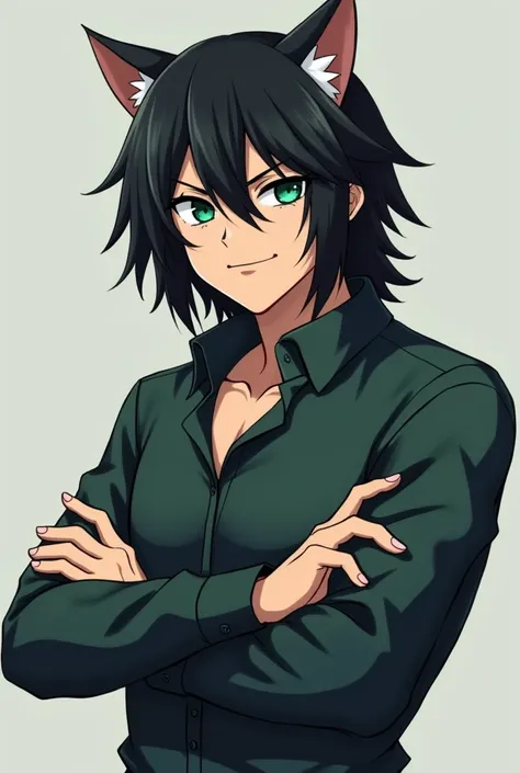 Anime, catboy, dark shoulder length hair, dark green eyes, dominant, wearing a dress shirt with sleeves rolled up, smirking, middle aged, stern look, masculine 