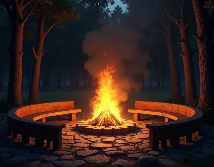 A large, well-built bonfire on top of a stone floor surrounded by just a huge, solid wooden bench in the middle of a forest at night, a large space