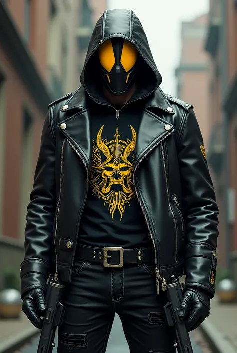 A man in his late twenties wearing a black biker leather jacket with yellow details. He has a mask that covers his entire face, similar in style to Deadpool or Iron Man, with black and yellow details that match the jacket. He has a pair of UZI pistols hols...