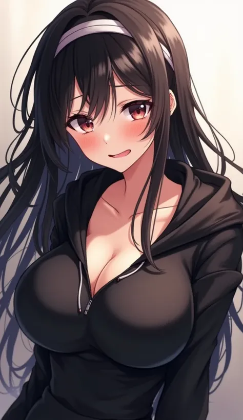 One girl, Long Hair, Blushing, Open your mouth a little, Black Hair, Large Breasts, Ahoge, Drooling, Red face, Saliva stringing, Headband, Black hoodie, 