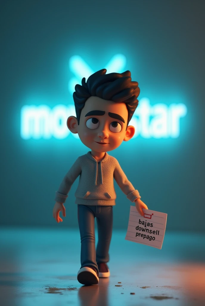 Draw a sad animated person, with the Movistar logo in the background of customers who cancel their service with them. That the person is walking and looking down with a paper in his hand that says BAJAS DOWNSELL PREPAGO