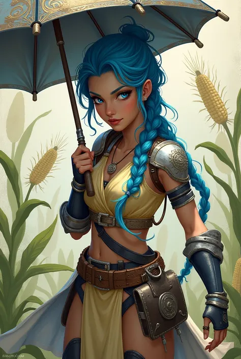 A young lady with blue hair and braids in a warrior costume and an umbrella in her hand with drawings of corncobs in the background
