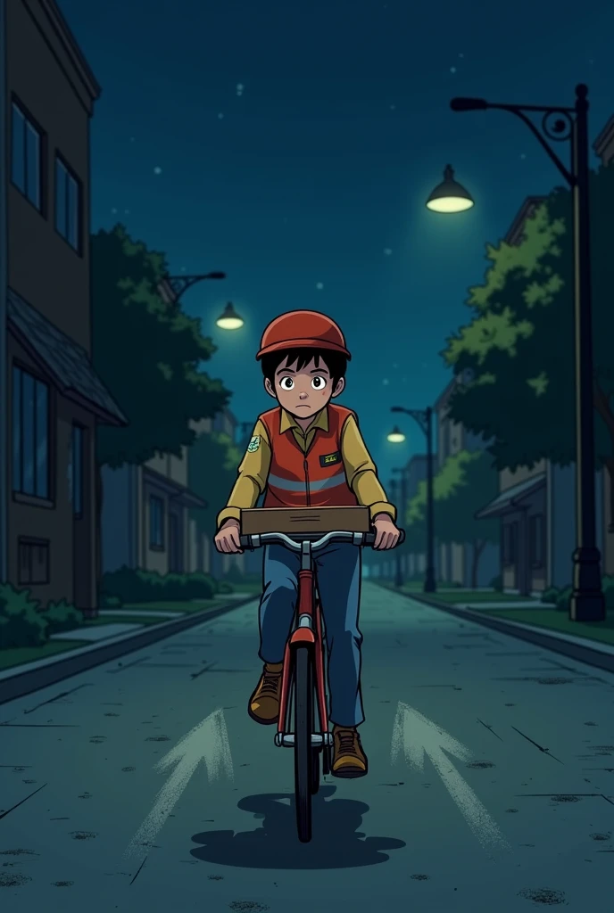 As a pizza delivery boy rides his bike at night, he feels a sharp scratch on his foot but sees no one around give me animation image 