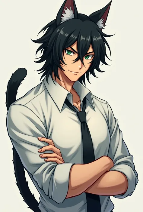 Anime, catboy, dark shoulder length hair, dark green eyes, dominant, wearing a white dress shirt with sleeves rolled up, smirking, middle aged, stern look, masculine 