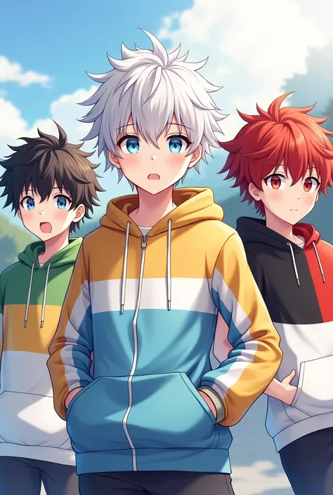 anime boy with white hair bright 
Blue Eyes is wearing gold and light blue hoodie in the middle 
in the first boys right hand side a boy with bright red eyes wearing  black white and red hoodie 
in the left hand side of the first boy with white hair wearin...