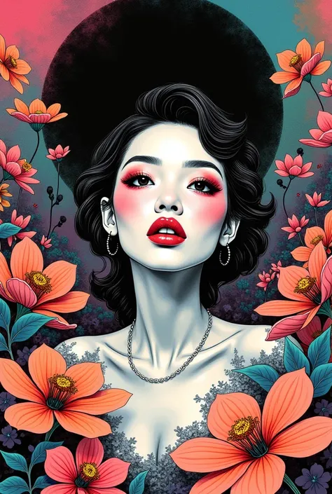 illustrated by Guo Chao style, poster design, in the style of psychedelic color schemes, hyper-detailed illustrations, 16k, a painting of a pagoda in the evening, in the style of graphic design-inspired illustrations, circular shapes detailed botanical ill...