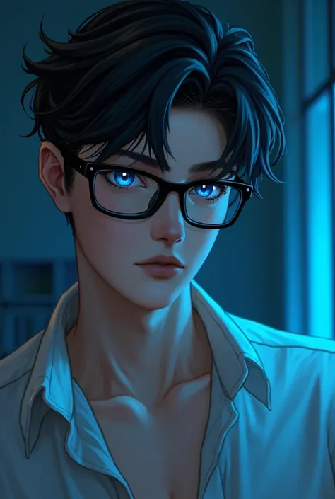 College sexy boy,  muscular, blue eyes, cold light skin , cute and hot, glasses manhwa