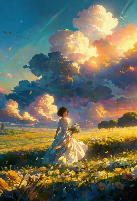 painting of a woman in a white dress walking through a field of flowers, rhads and lois van baarle, cosmic skies. by makoto shinkai, by Yamagata Hiro, by RHADS, makoto shinkai cyril rolando, by Yoshihiko Wada, beautifull puffy clouds. anime, cloud goddess,...