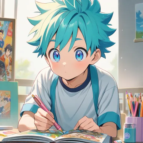 1boy,japan anime style, sporty boy, short spiked hair, stamp, bright pastel colors, picture book, colored pencil coloring, simple painting