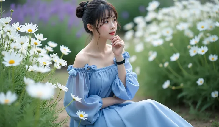 A beautiful Japanese girl, smooth white skin,  well-groomed face,top bun hair, Korean style with bangs, ,wearing a beautiful dress, eggplant light blue knee length,left and right sleeves with beautiful ribbons,balloon sleeve model, black watch, white shoes...