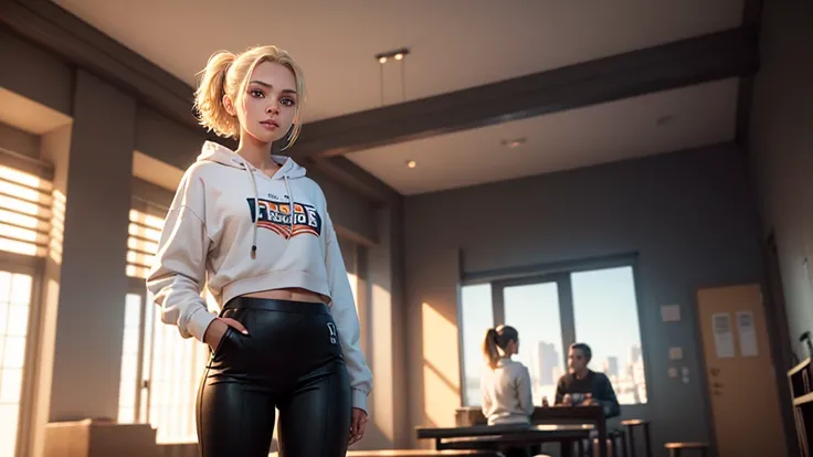 a girl, The girl is alone, hair blonde, hair slicked back, shorth hair, White sweatshirt with YouTube logo print, long branch, black pants for the legs, sun-kissed, bright sunny, Standing in the middle of the room, Ao fundo, behind the girl, there is a gam...