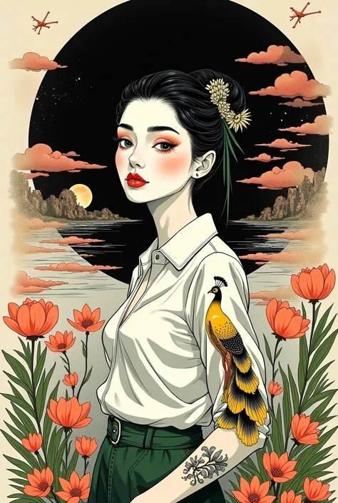 illustrated by Guo Chao style, poster design, in the style of psychedelic color schemes, hyper-detailed illustrations, 16k, a painting of a pagoda in the evening, in the style of graphic design-inspired illustrations, circular shapes detailed botanical ill...