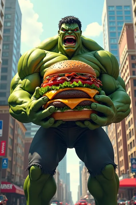 gigantic, 50-foot-tall Hulk stands triumphantly in the center of a bustling cityscape, his massive green skin glistening with sweat as he enthusiastically grasps an enormous burger thats double his own colossal size, with juicy patty, crispy bacon, melted ...