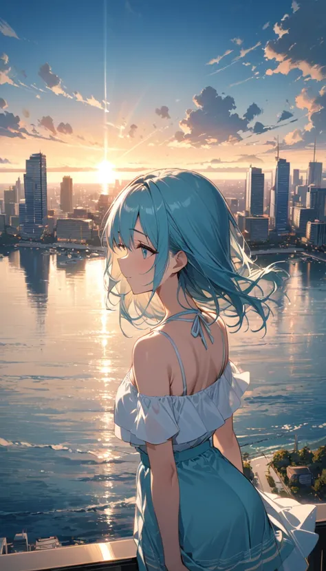 ((masterpiece)),((high quality)),View of the metropolis, Calm turquoise water, Infinite horizons, Calm waves, Morning sun reflected on the water, A distant island々, Tall Building, Beautiful cloudy sky, Calm and peaceful, Warm sea breeze, The soft light of ...