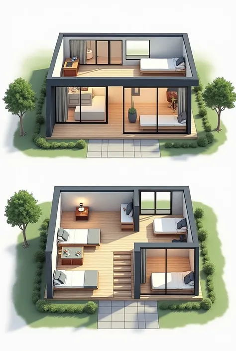 Create plans for a two-level house 10x10 first level with a living room, kitchen, bathroom, laundry room and staircase module and the second level with 3 bedrooms, bathroom and staircase module. Create an image for each one. 