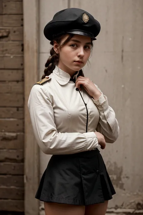 circa 1890s female bristish soldier. Wearing victorian uniform with short black skirt, and white pith helmet.