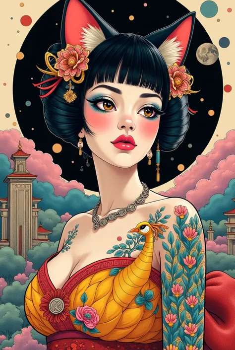 illustrated by Guo Chao style, poster design, in the style of psychedelic color schemes, hyper-detailed illustrations, 16k, a painting of a pagoda in the evening, in the style of graphic design-inspired illustrations, circular shapes detailed botanical ill...